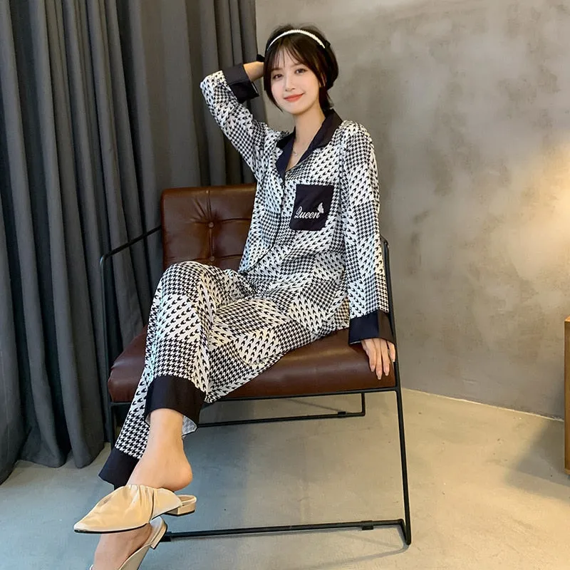 Women's Spring Summer Pajamas Satin Cardigan Thousand-bird Lattice Long Sleeve Pants Home Suit Loose Casual Homewear