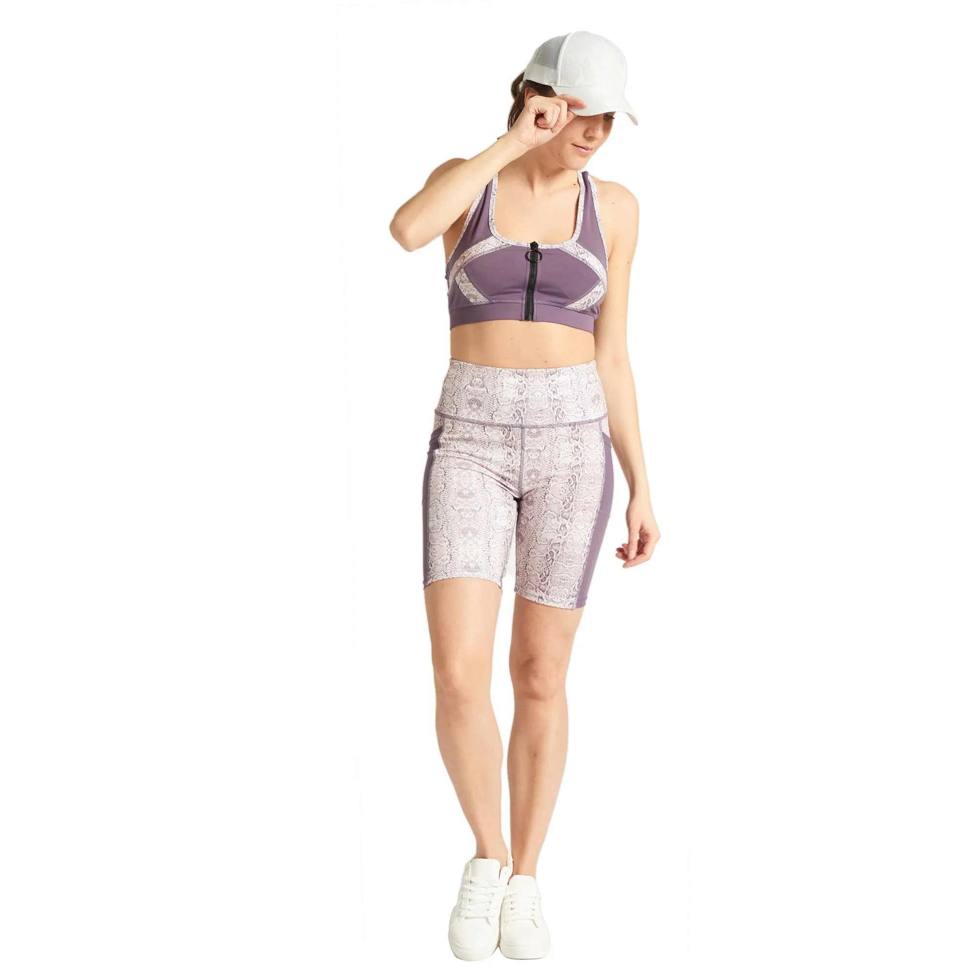 Zip Up Training Sports Bra - Dark Purple & Snake Print